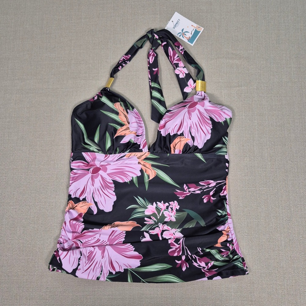 B2PRITY Floral Halter Tankini Swim Black Pink Ruched Padded Top Only Large NWT